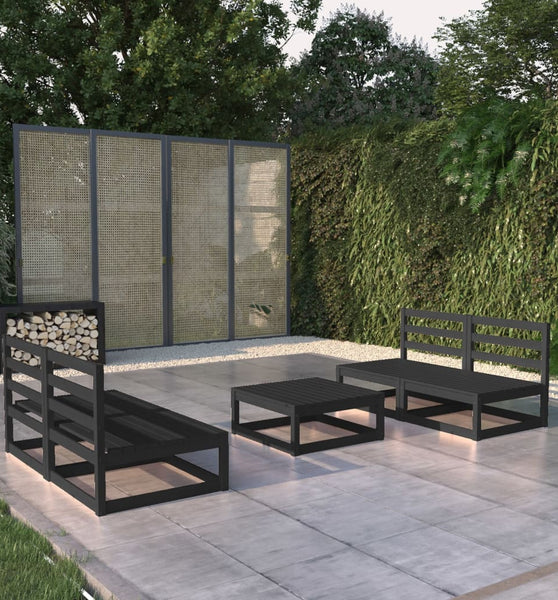 5-tlg. Garten-Lounge-Set Schwarz Massivholz Kiefer