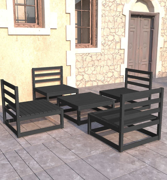 5-tlg. Garten-Lounge-Set Schwarz Massivholz Kiefer