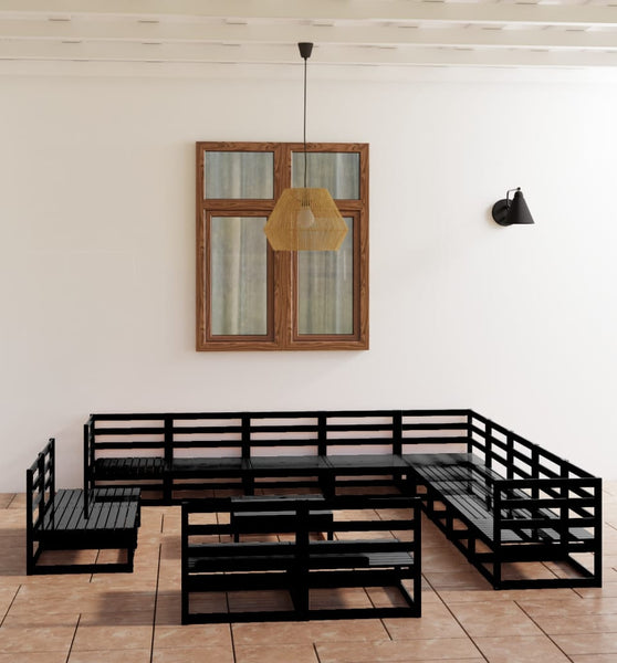 14-tlg. Garten-Lounge-Set Schwarz Massivholz Kiefer