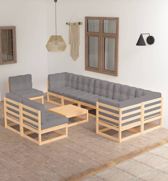 10-tlg. Garten-Lounge-Set mit Kissen Massivholz Kiefer