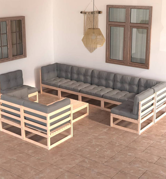 10-tlg. Garten-Lounge-Set mit Kissen Massivholz Kiefer