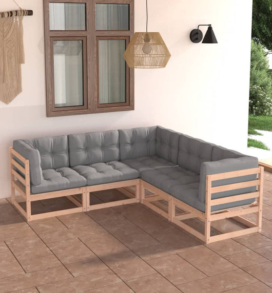 5-tlg. Garten-Lounge-Set mit Kissen Massivholz Kiefer