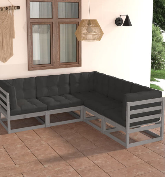 5-tlg. Garten-Lounge-Set mit Kissen Massivholz Kiefer