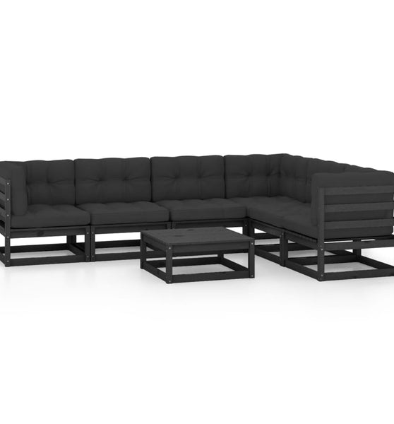 7-tlg. Garten-Lounge-Set mit Kissen Schwarz Massivholz Kiefer