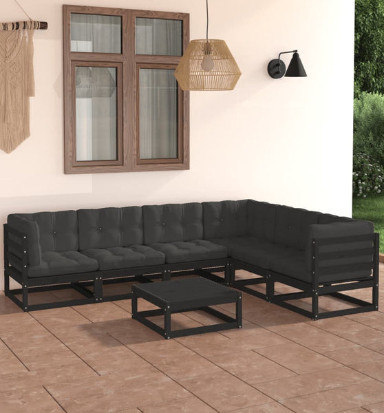 7-tlg. Garten-Lounge-Set mit Kissen Schwarz Massivholz Kiefer