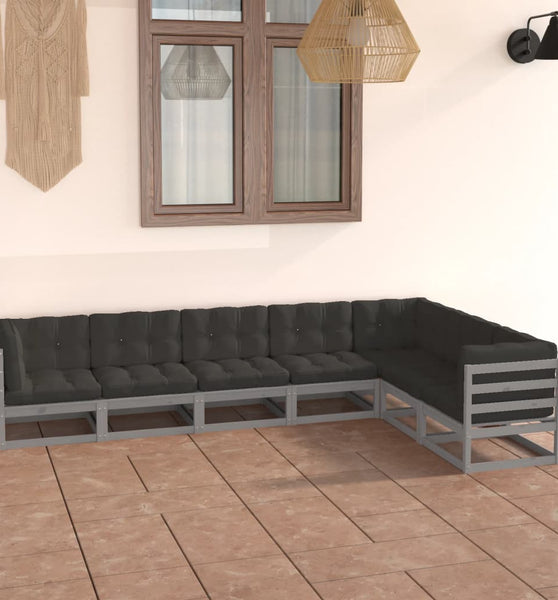 7-tlg. Garten-Lounge-Set mit Kissen Grau Massivholz Kiefer