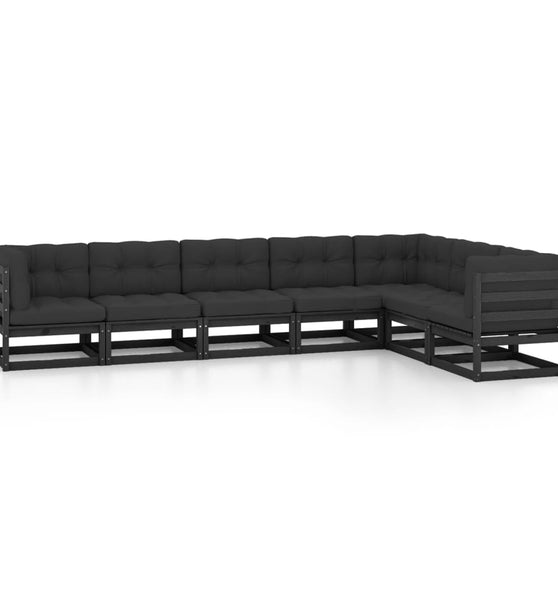 7-tlg. Garten-Lounge-Set mit Kissen Schwarz Massivholz Kiefer