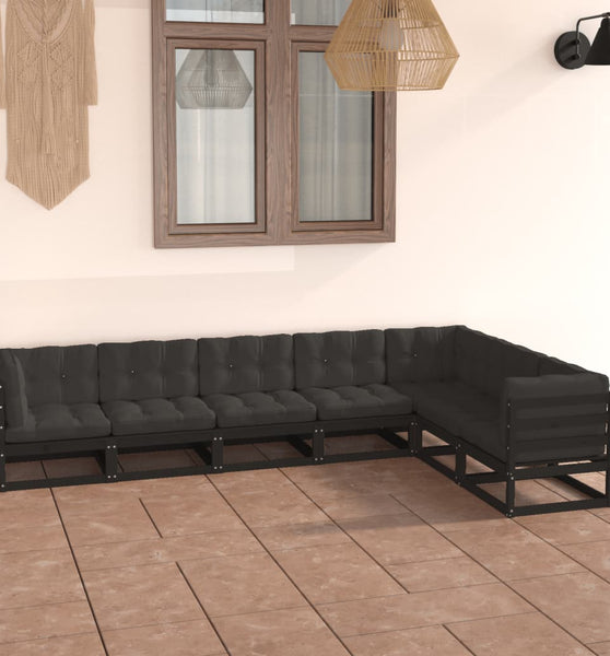 7-tlg. Garten-Lounge-Set mit Kissen Schwarz Massivholz Kiefer