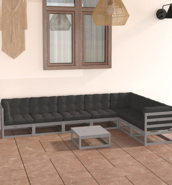 8-tlg. Garten-Lounge-Set mit Kissen Grau Massivholz Kiefer