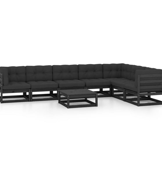 8-tlg. Garten-Lounge-Set mit Kissen Schwarz Massivholz Kiefer