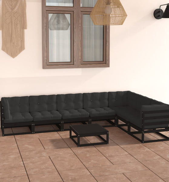 8-tlg. Garten-Lounge-Set mit Kissen Schwarz Massivholz Kiefer