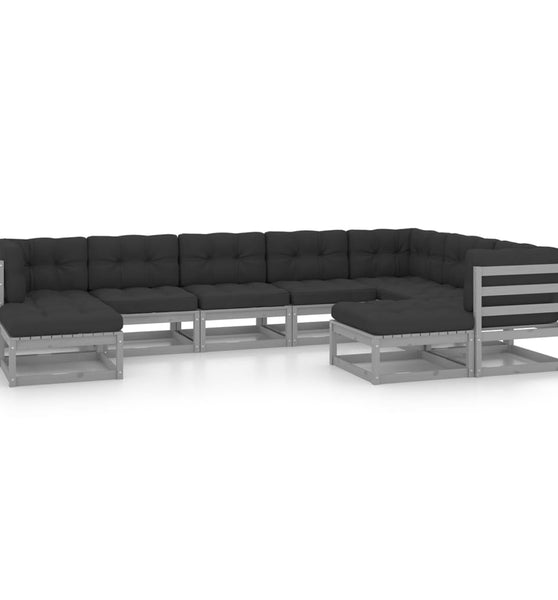 9-tlg. Garten-Lounge-Set mit Kissen Grau Massivholz Kiefer