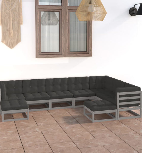 9-tlg. Garten-Lounge-Set mit Kissen Grau Massivholz Kiefer