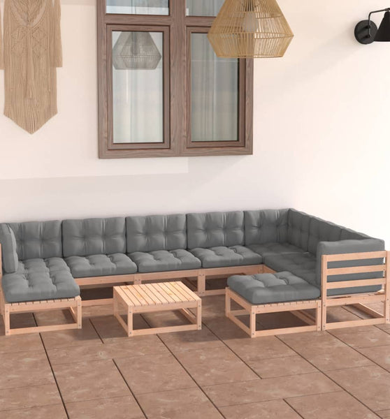 10-tlg. Garten-Lounge-Set mit Kissen Massivholz Kiefer