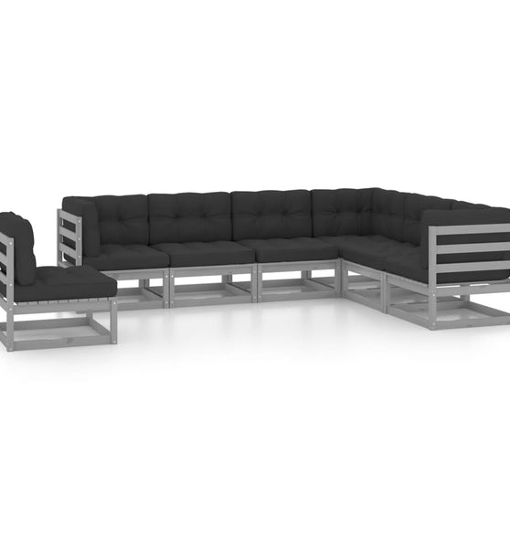 7-tlg. Garten-Lounge-Set mit Kissen Grau Massivholz Kiefer