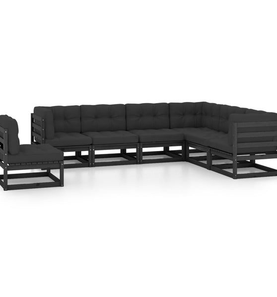 7-tlg. Garten-Lounge-Set mit Kissen Schwarz Massivholz Kiefer