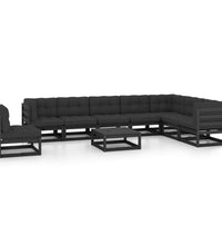 9-tlg. Garten-Lounge-Set mit Kissen Schwarz Massivholz Kiefer