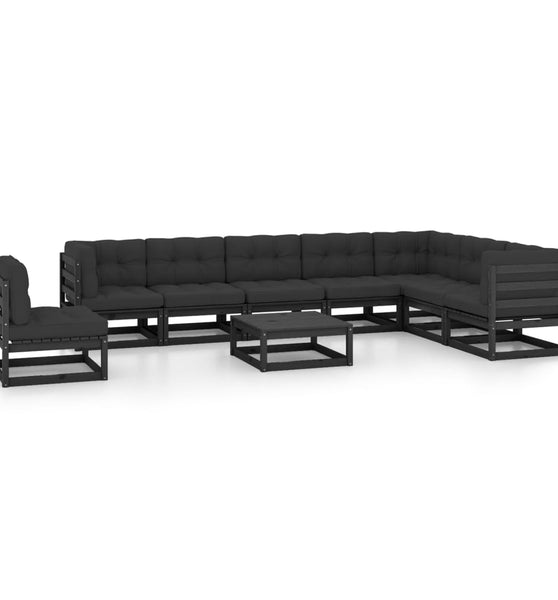 9-tlg. Garten-Lounge-Set mit Kissen Schwarz Massivholz Kiefer