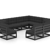 9-tlg. Garten-Lounge-Set mit Kissen Schwarz Massivholz Kiefer