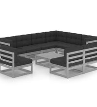 10-tlg. Garten-Lounge-Set mit Kissen Grau Massivholz Kiefer