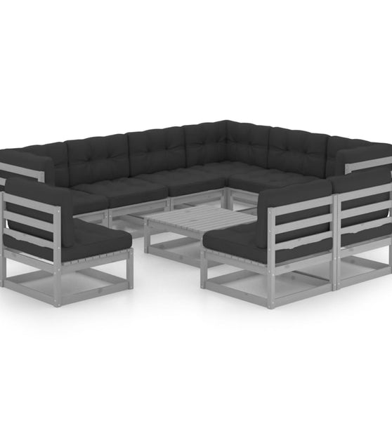 10-tlg. Garten-Lounge-Set mit Kissen Grau Massivholz Kiefer