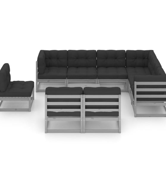 10-tlg. Garten-Lounge-Set mit Kissen Grau Massivholz Kiefer