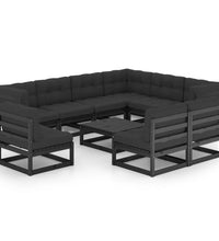 10-tlg. Garten-Lounge-Set mit Kissen Schwarz Massivholz Kiefer