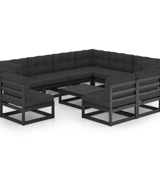 10-tlg. Garten-Lounge-Set mit Kissen Schwarz Massivholz Kiefer