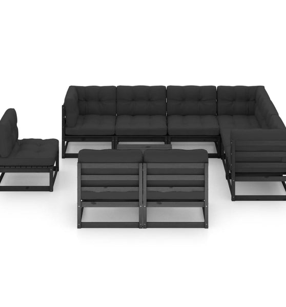 10-tlg. Garten-Lounge-Set mit Kissen Schwarz Massivholz Kiefer