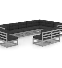 10-tlg. Garten-Lounge-Set mit Kissen Grau Massivholz Kiefer