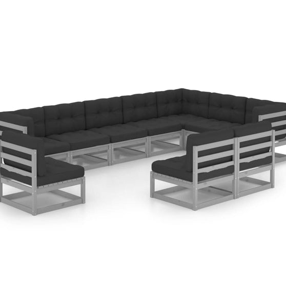 10-tlg. Garten-Lounge-Set mit Kissen Grau Massivholz Kiefer