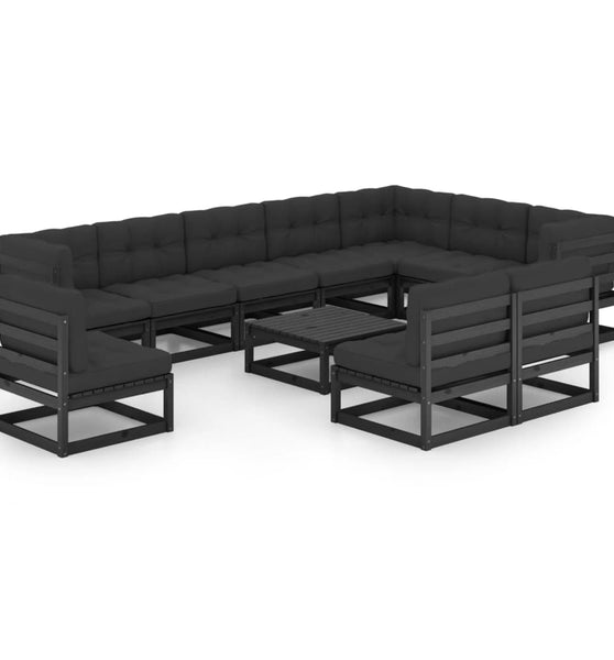 11-tlg. Garten-Lounge-Set mit Kissen Schwarz Kiefer Massivholz