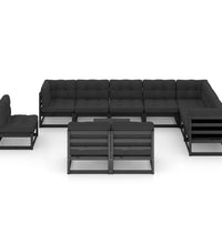 11-tlg. Garten-Lounge-Set mit Kissen Schwarz Kiefer Massivholz