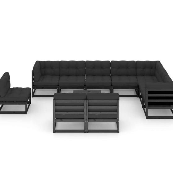 11-tlg. Garten-Lounge-Set mit Kissen Schwarz Kiefer Massivholz