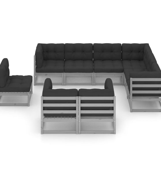 9-tlg. Garten-Lounge-Set mit Kissen Grau Massivholz Kiefer