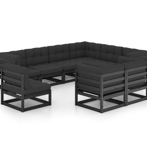 9-tlg. Garten-Lounge-Set mit Kissen Schwarz Massivholz Kiefer