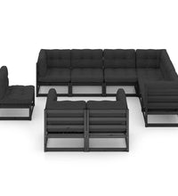 9-tlg. Garten-Lounge-Set mit Kissen Schwarz Massivholz Kiefer