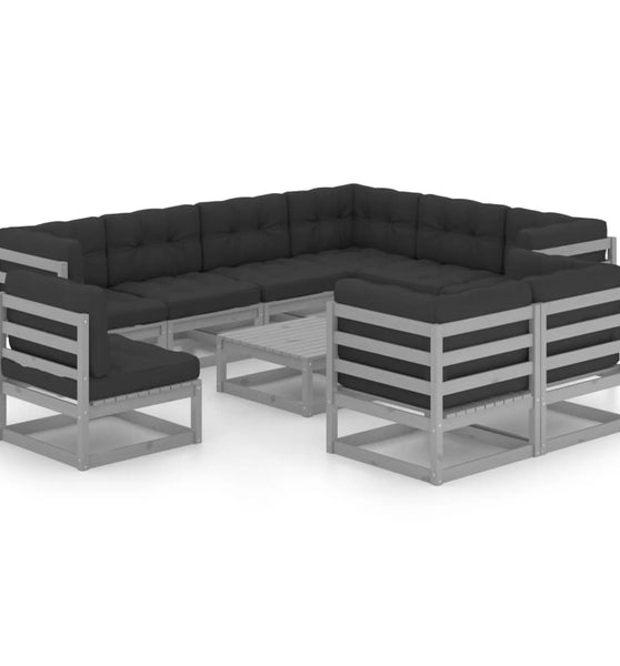 10-tlg. Garten-Lounge-Set mit Kissen Grau Massivholz Kiefer