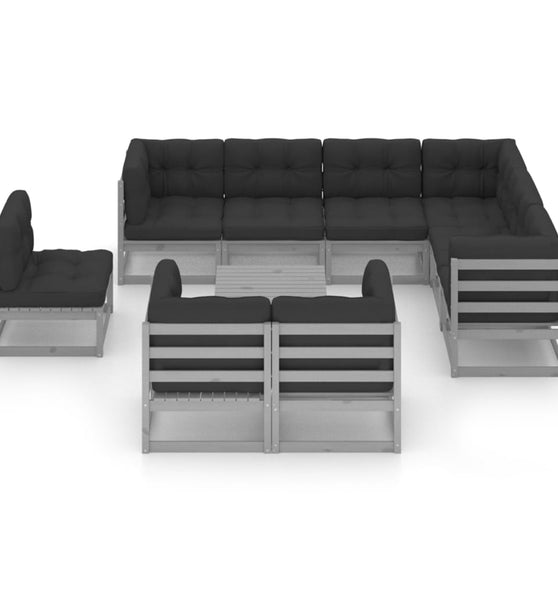 10-tlg. Garten-Lounge-Set mit Kissen Grau Massivholz Kiefer