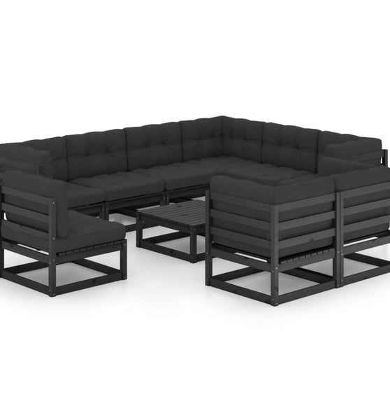 10-tlg. Garten-Lounge-Set mit Kissen Schwarz Massivholz Kiefer