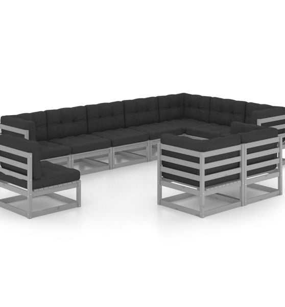 10-tlg. Garten-Lounge-Set mit Kissen Grau Massivholz Kiefer