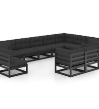 10-tlg. Garten-Lounge-Set mit Kissen Schwarz Massivholz Kiefer