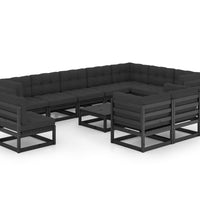 11-tlg. Garten-Lounge-Set mit Kissen Schwarz Kiefer Massivholz