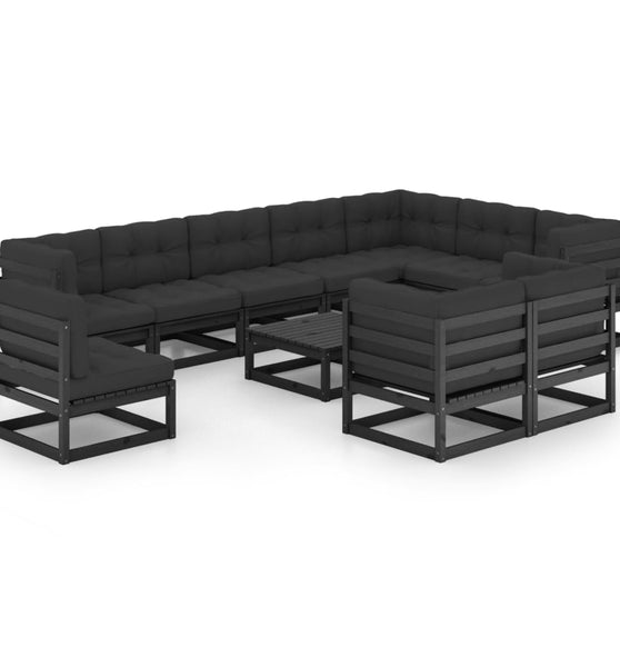 11-tlg. Garten-Lounge-Set mit Kissen Schwarz Kiefer Massivholz