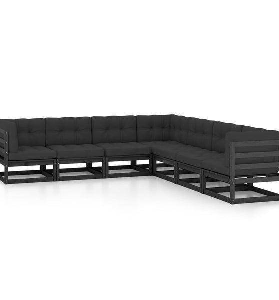 7-tlg. Garten-Lounge-Set mit Kissen Schwarz Massivholz Kiefer