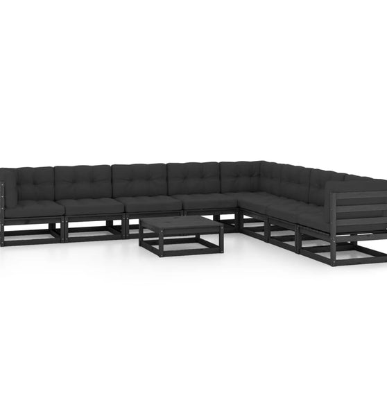 9-tlg. Garten-Lounge-Set mit Kissen Schwarz Massivholz Kiefer