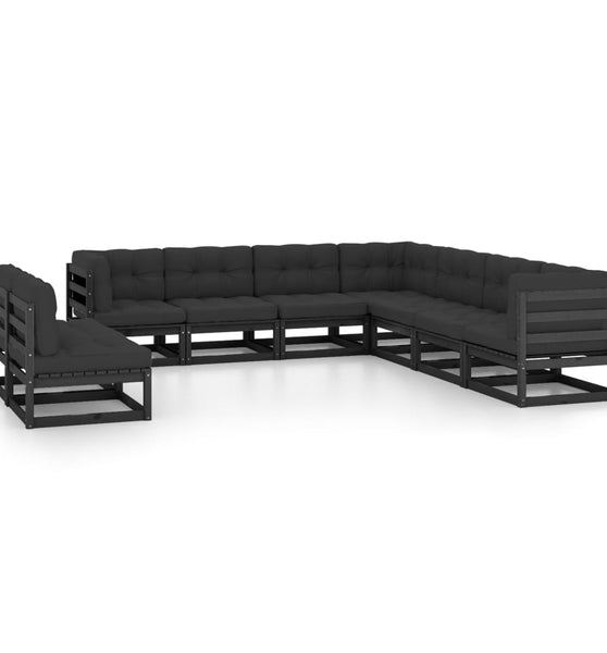 9-tlg. Garten-Lounge-Set mit Kissen Schwarz Massivholz Kiefer