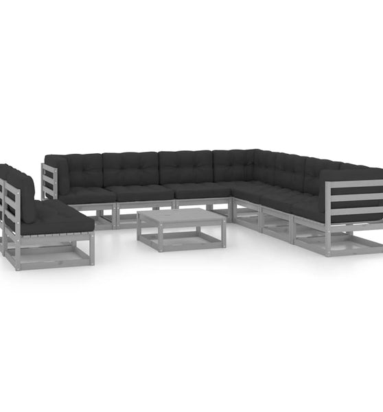 10-tlg. Garten-Lounge-Set mit Kissen Grau Massivholz Kiefer