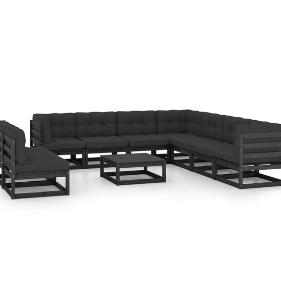 10-tlg. Garten-Lounge-Set mit Kissen Schwarz Massivholz Kiefer