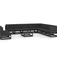 11-tlg. Garten-Lounge-Set mit Kissen Schwarz Kiefer Massivholz